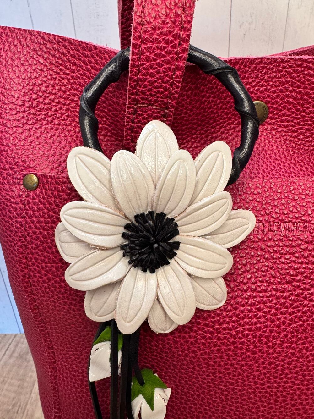 Leather White Daisy Purse Charm Genuine Leather Gerbera Daisy Flower Bag Charm